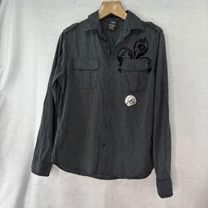 MMA Elite Grey/Black Long‎ Sleeve Button-Up Embroidered Graphic Shirt Medium